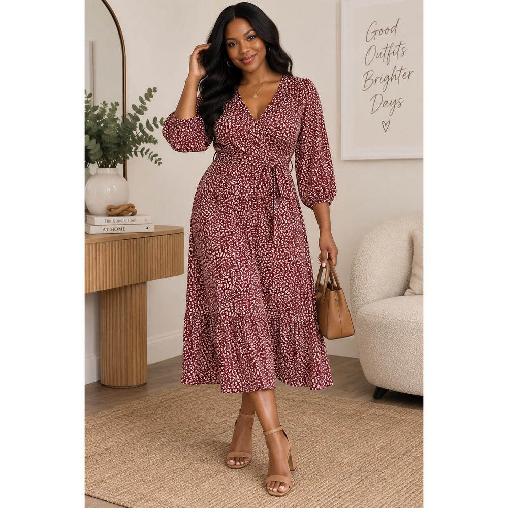 Burgundy Leopard Print Wrap Midi Dress XL Tie Waist Balloon Sleeve